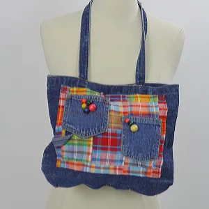 Vintage Denim bag Hippie Boho jeans purse blue festival handbag madras plaid