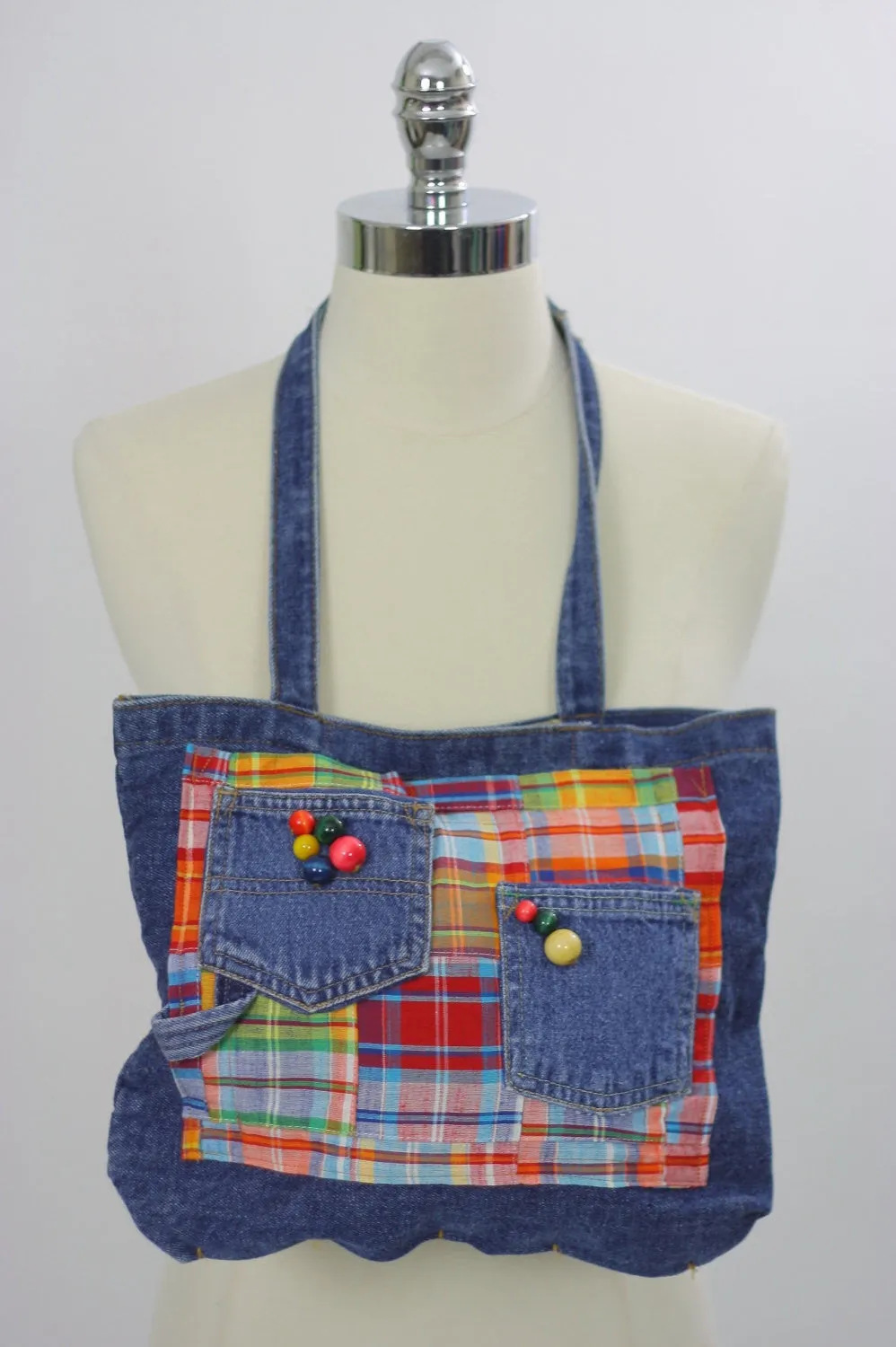 Vintage Denim bag Hippie Boho jeans purse blue festival handbag madras plaid