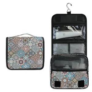 Vintage Retro Abstract Mosaic Oriental Square Scraps Flowers Travel Cosmetic Bag, Hanging Toiletry Wash bag, Portable Makeup Organizer Brush Case, Storage Bag with Hook for Bathroom Toilet