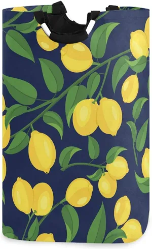 visesunny Collapsible Laundry Basket Tropical Yellow Lemon with Green Leaf Large Laundry Hamper with Handle Toys and Clothing Organization for Bathroom, Bedroom, Home, Dorm, Travel