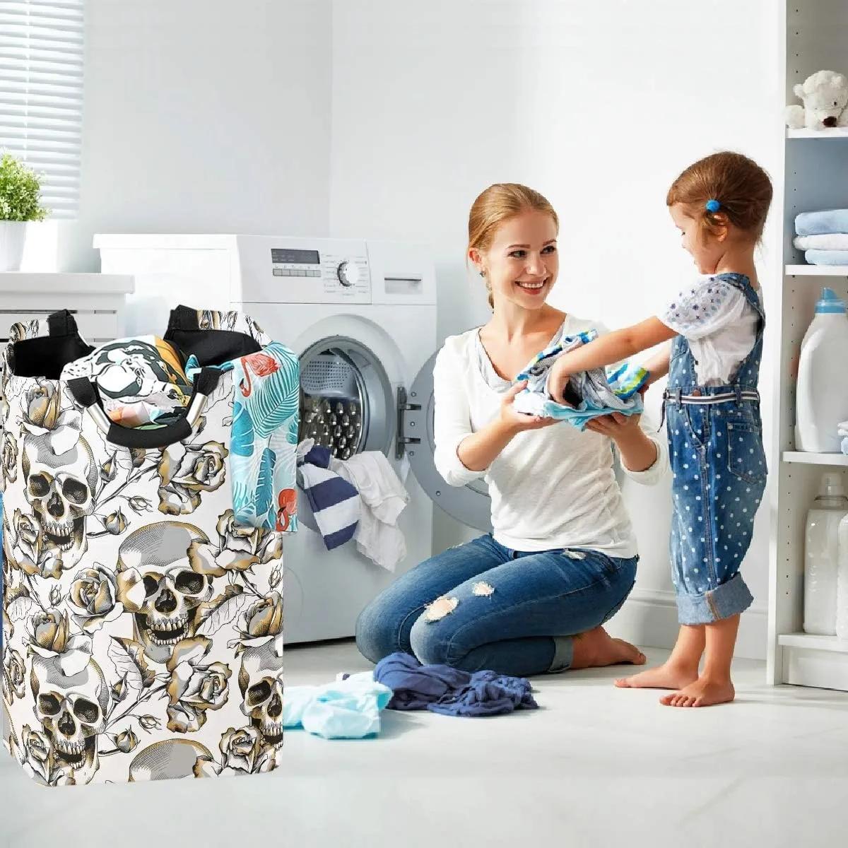 visesunny Gold Skull and Rose Floral Large Laundry Hamper with Handle Foldable Durable Clothes Hamper Laundry Bag Toy Bin for Bathroom, Bedroom, Dorm, Travel