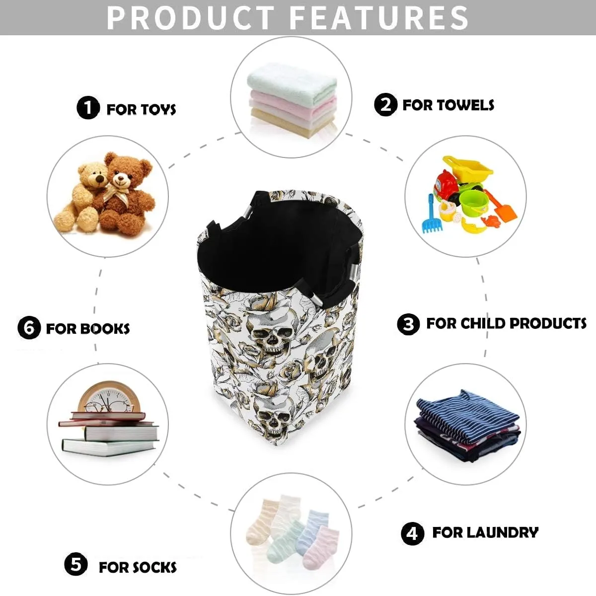 visesunny Gold Skull and Rose Floral Large Laundry Hamper with Handle Foldable Durable Clothes Hamper Laundry Bag Toy Bin for Bathroom, Bedroom, Dorm, Travel