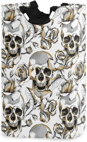 visesunny Gold Skull and Rose Floral Large Laundry Hamper with Handle Foldable Durable Clothes Hamper Laundry Bag Toy Bin for Bathroom, Bedroom, Dorm, Travel