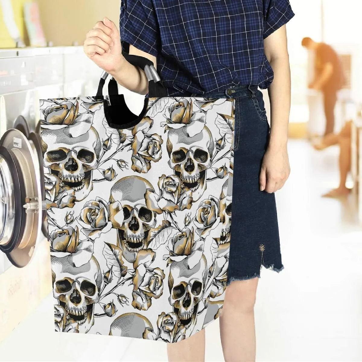 visesunny Gold Skull and Rose Floral Large Laundry Hamper with Handle Foldable Durable Clothes Hamper Laundry Bag Toy Bin for Bathroom, Bedroom, Dorm, Travel