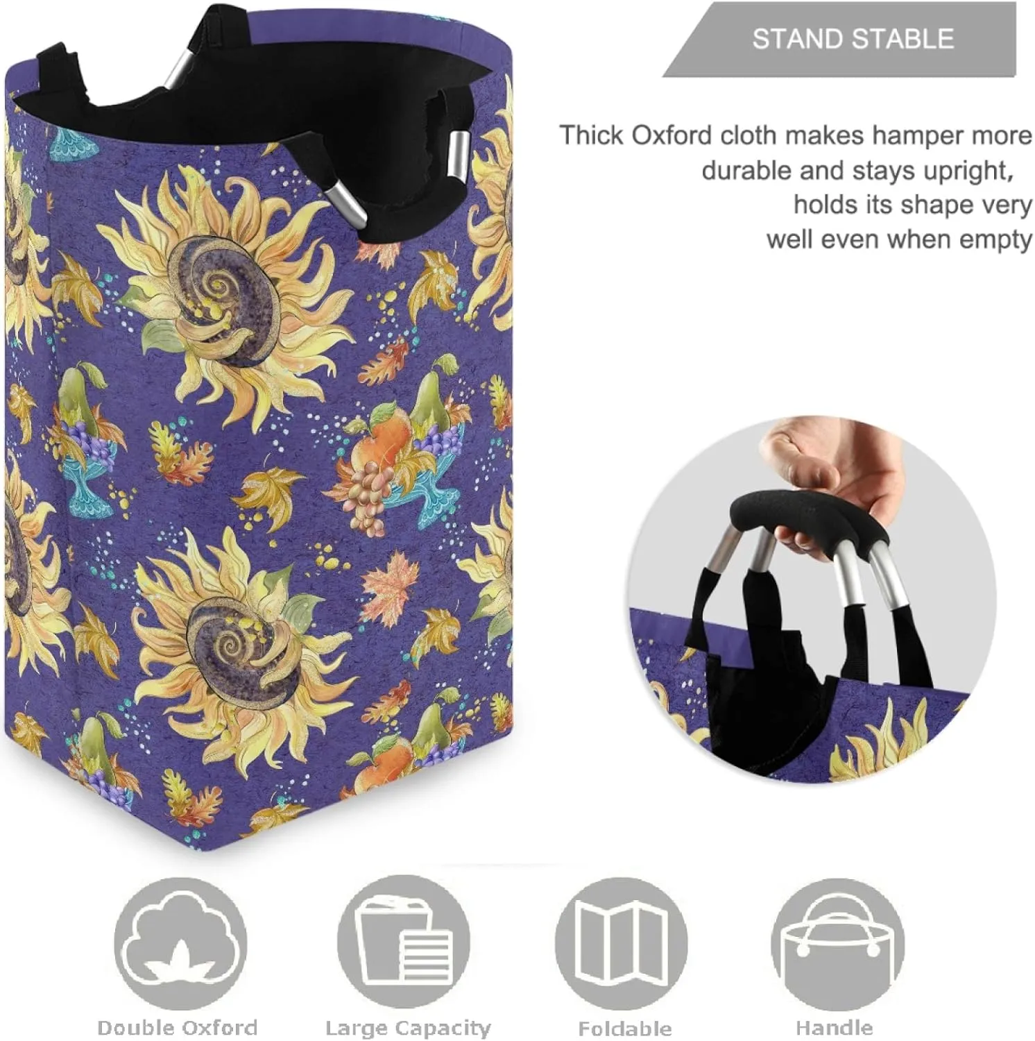 visesunny Large Capacity Laundry Hamper Basket Thanksgiving Sunflower Grape Cornucopia Oxford Cloth Storage Baskets for Bedroom, Bathroom, Dorm, Kids Room