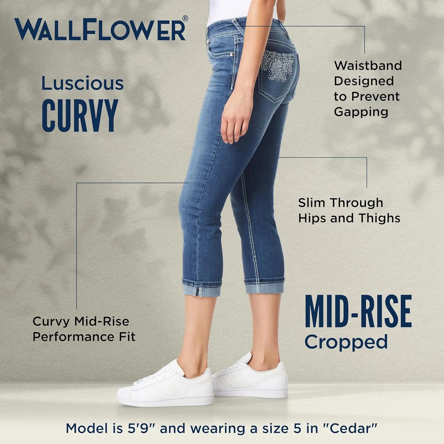 WallFlower Women's Luscious Curvy 23.5" Crop Mid-Rise Bling Insta Stretch Juniors (Standard and Plus)