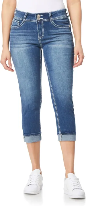 WallFlower Women's Luscious Curvy 23.5" Crop Mid-Rise Bling Insta Stretch Juniors (Standard and Plus)