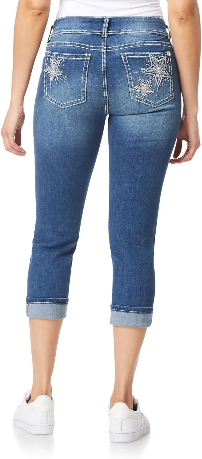 WallFlower Women's Luscious Curvy 23.5" Crop Mid-Rise Bling Insta Stretch Juniors (Standard and Plus)