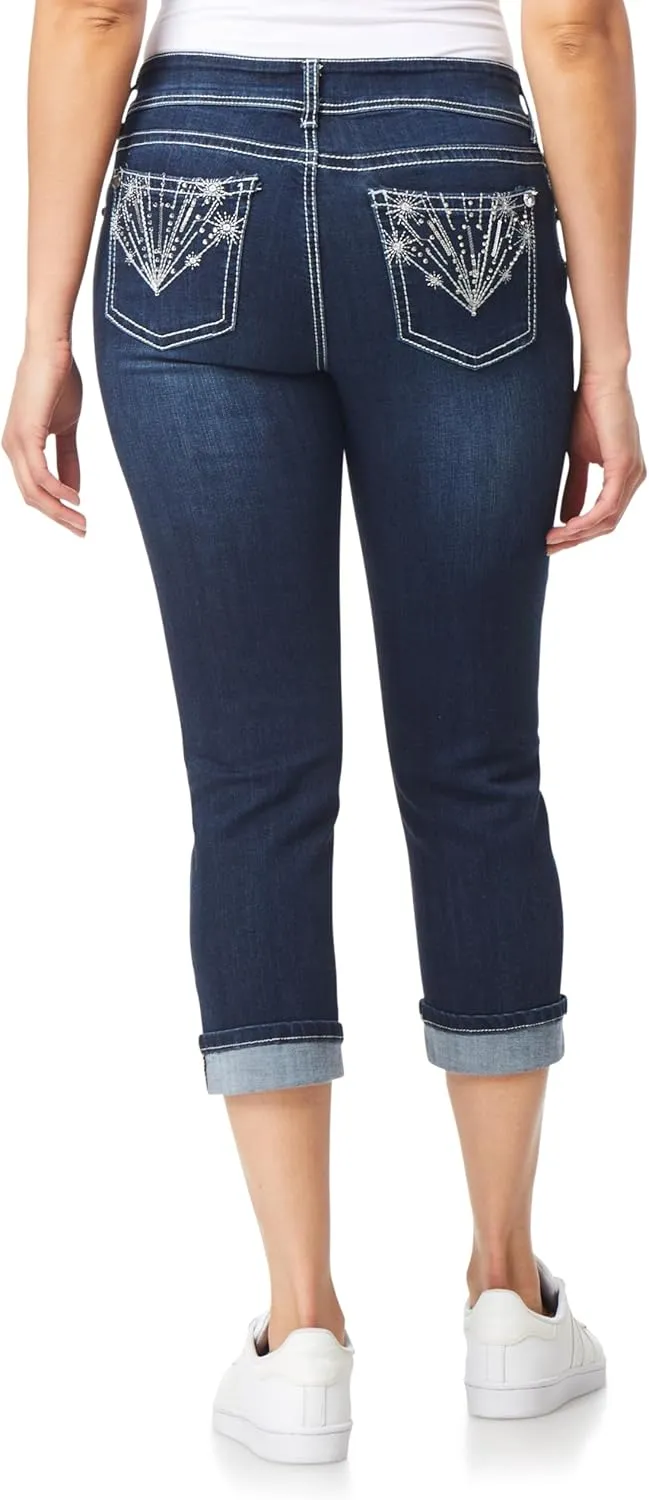 WallFlower Women's Luscious Curvy 23.5" Crop Mid-Rise Bling Insta Stretch Juniors (Standard and Plus)