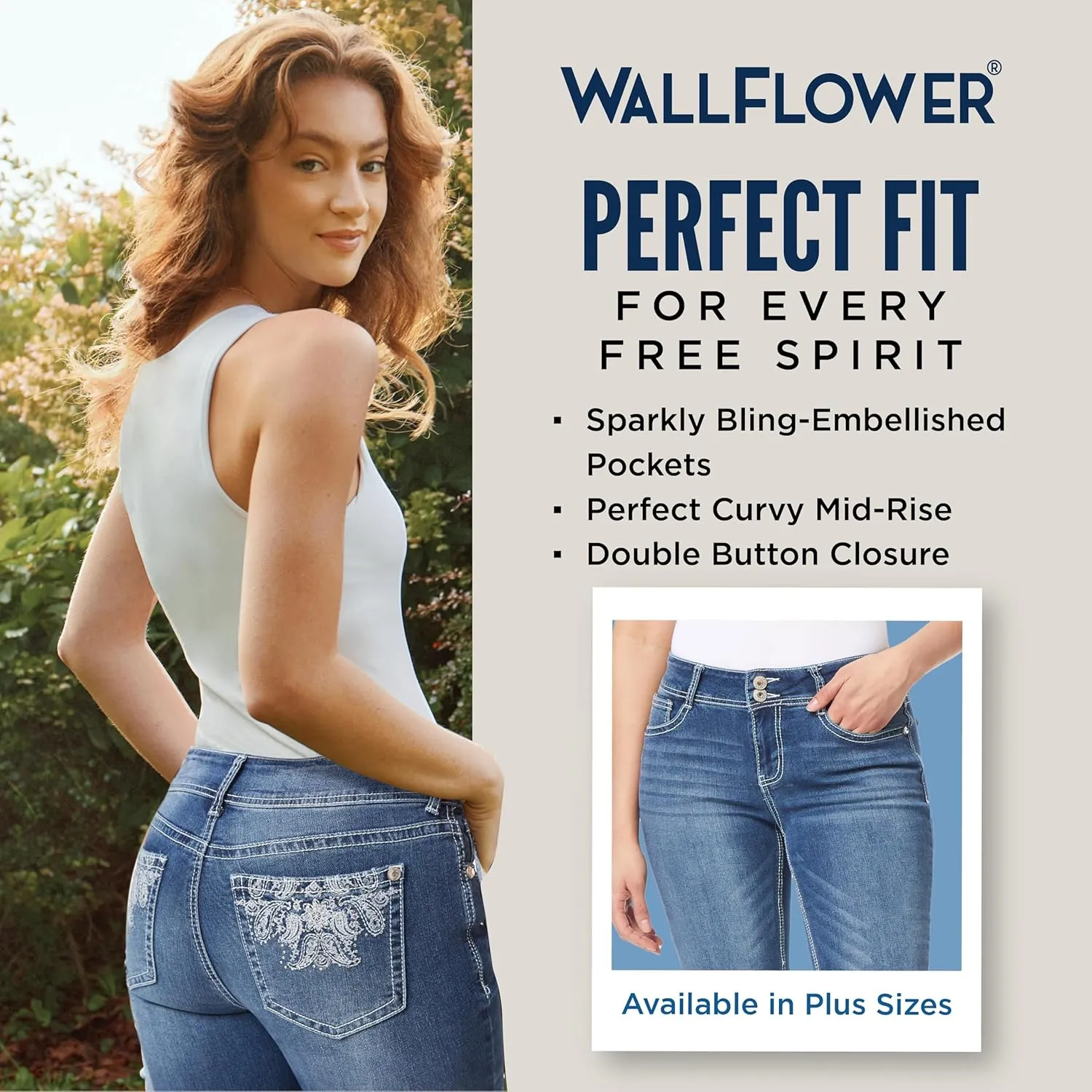 WallFlower Women's Luscious Curvy 23.5" Crop Mid-Rise Bling Insta Stretch Juniors (Standard and Plus)
