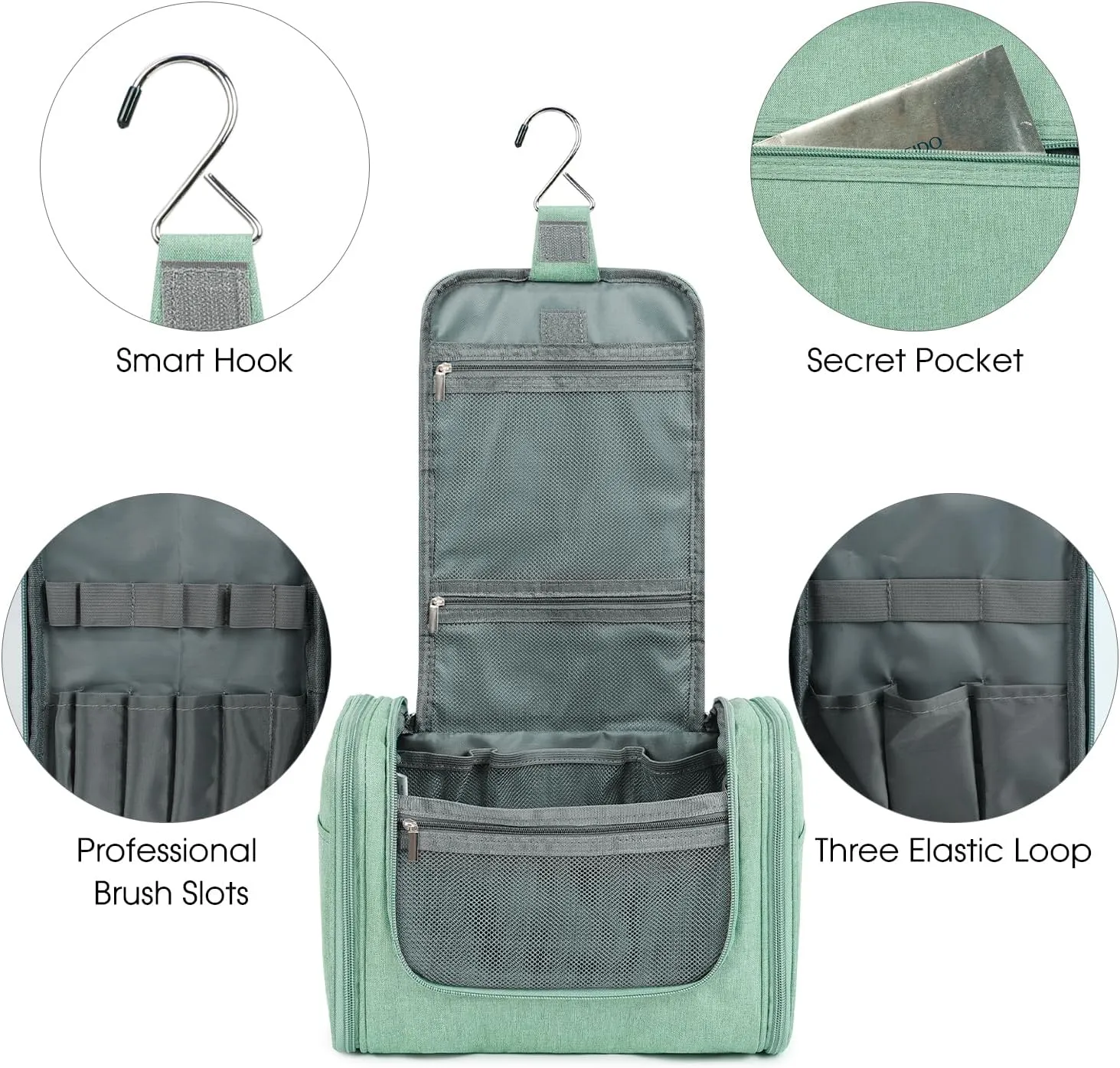 WANDF Large Hanging Toiletry Bag Travel Cosmetic Makeup Organizer Water-Resistant Shower Bathroom Bag for Women and Men (Green)