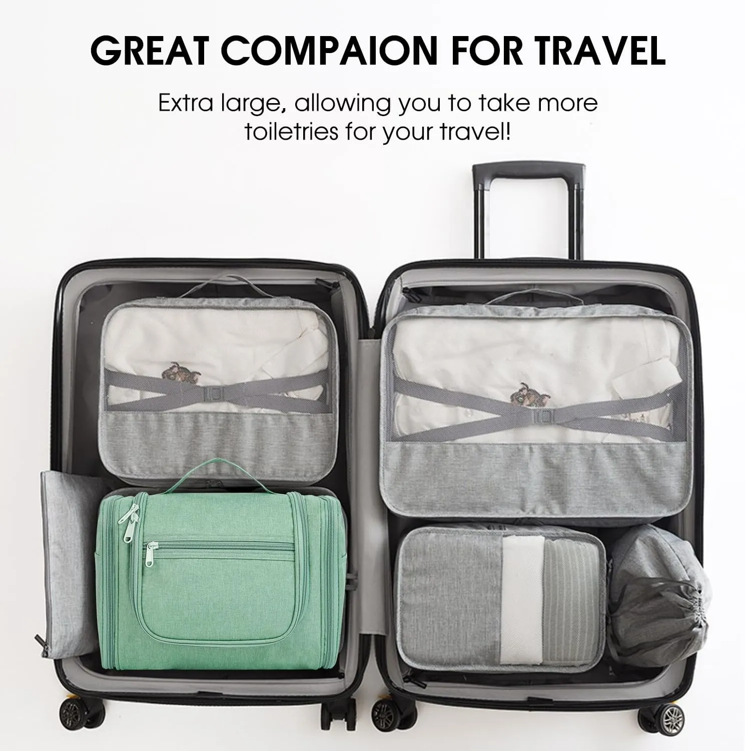 WANDF Large Hanging Toiletry Bag Travel Cosmetic Makeup Organizer Water-Resistant Shower Bathroom Bag for Women and Men (Green)