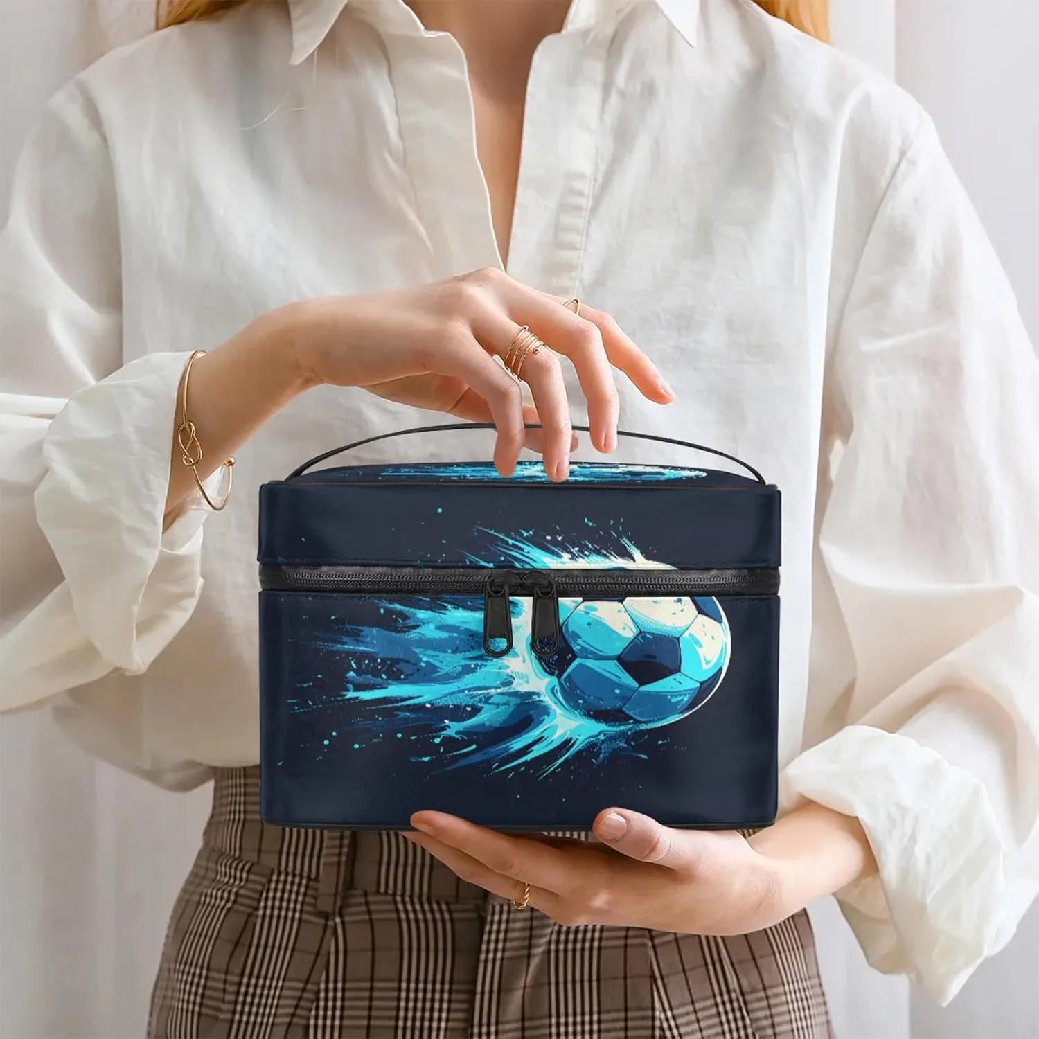 Water Soccer Pattern Travel Toiletry Bag Large Capacity Makeup Case Organizer with Handle Cosmetic Case for Women Girls