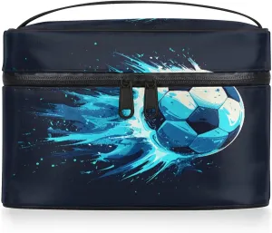 Water Soccer Pattern Travel Toiletry Bag Large Capacity Makeup Case Organizer with Handle Cosmetic Case for Women Girls