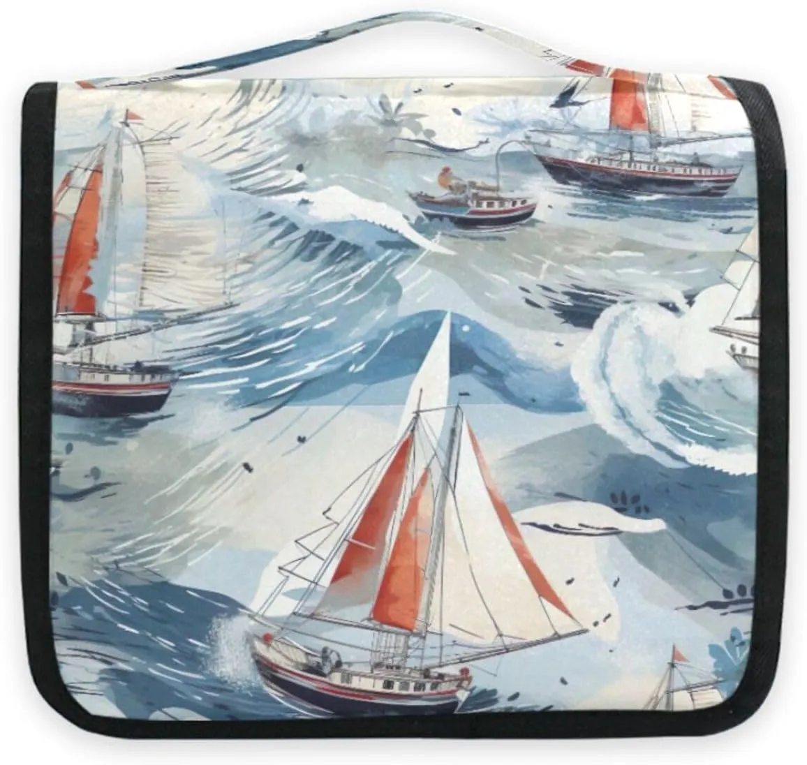 Watercolor Boats Ship Sails Travel Toiletry Bag with Hanging Hook Foldable Makeup Bag Waterproof Cosmetic Bag for Shampoos Women Men