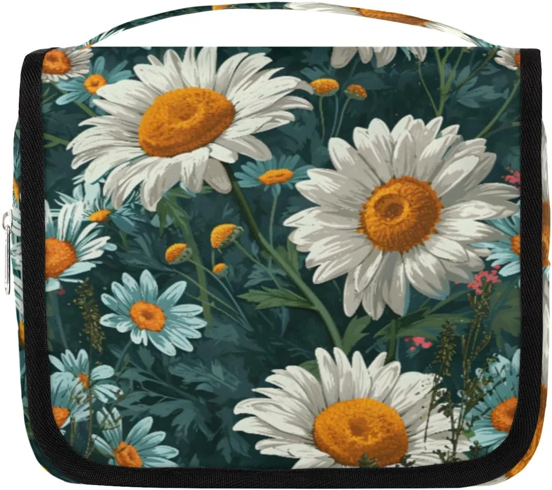 Watercolor Daisy Hanging Travel Toiletry Bag Kit Makeup Case Cosmetics Organizer Flower Toiletry Bag for Women Make up Accessories Shampoo Body Cream Brushes Set