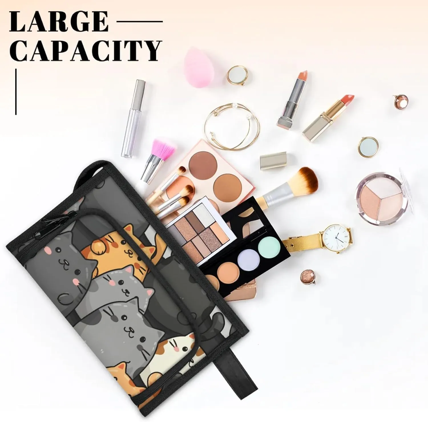 Waterproof Cosmetic Bags for Women Animal Lovely Cats Makeup Organizer Toiletry Bag with Zipper Pockets, Travel Makeup Bag for Business, Beach & Gym