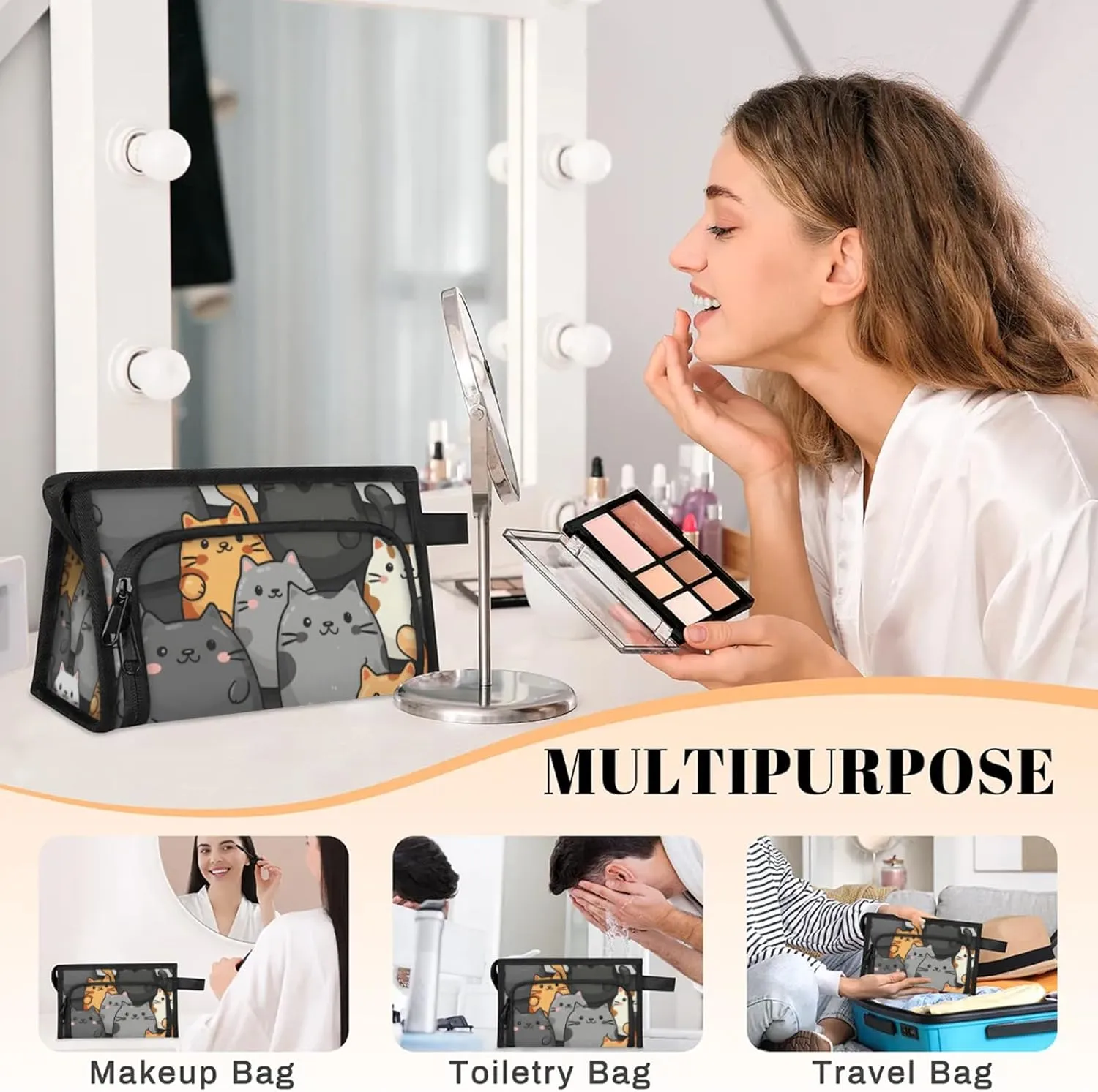 Waterproof Cosmetic Bags for Women Animal Lovely Cats Makeup Organizer Toiletry Bag with Zipper Pockets, Travel Makeup Bag for Business, Beach & Gym