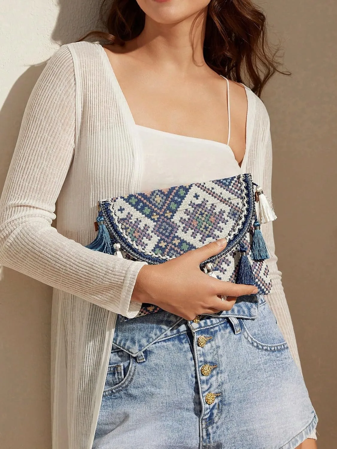 WDIRARA Boho Pattern Fringe Hem Chain Strap Shoulder Handbags Cross Body Handbag