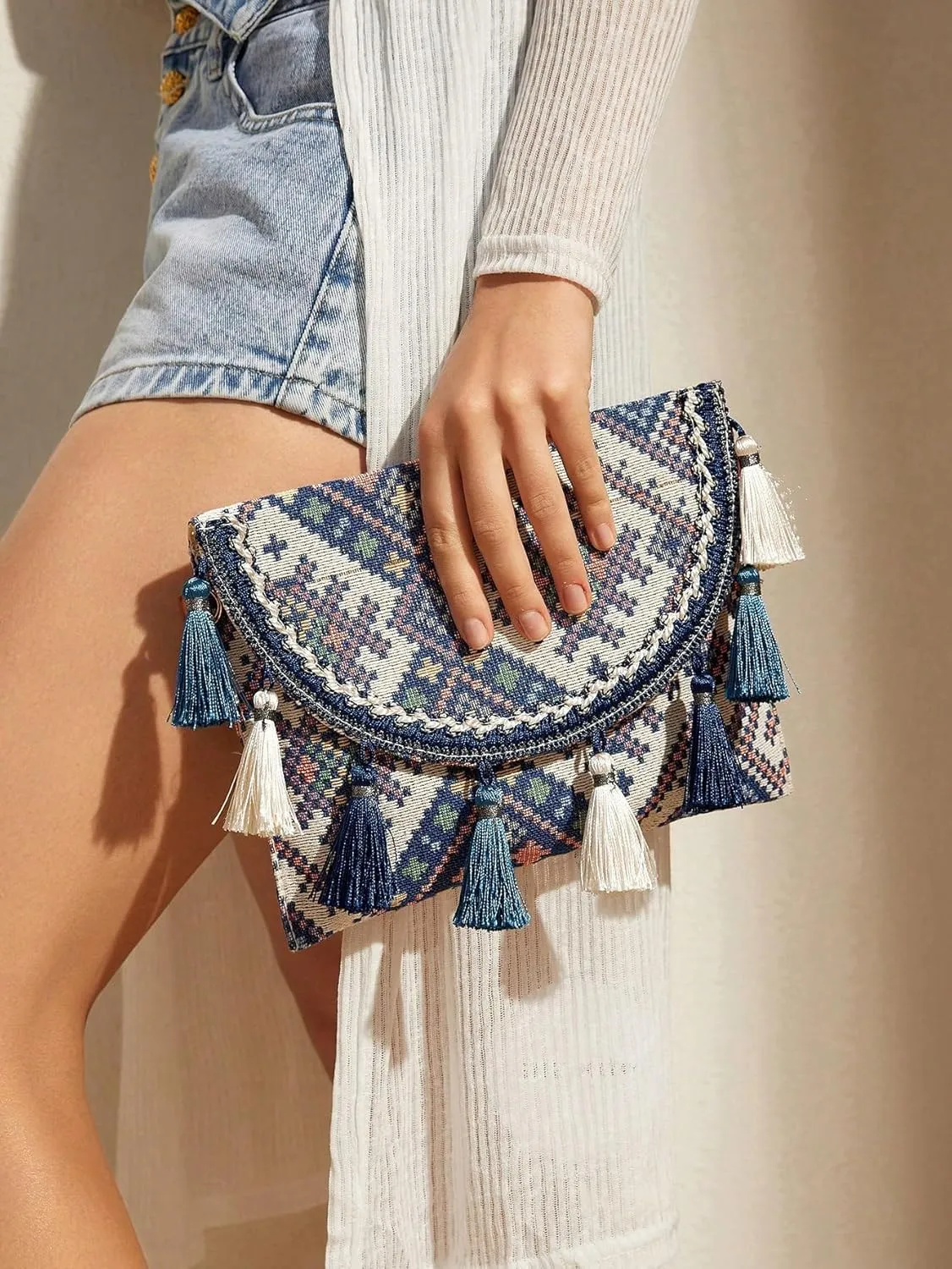 WDIRARA Boho Pattern Fringe Hem Chain Strap Shoulder Handbags Cross Body Handbag