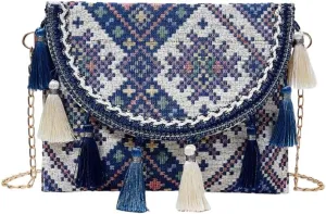 WDIRARA Boho Pattern Fringe Hem Chain Strap Shoulder Handbags Cross Body Handbag