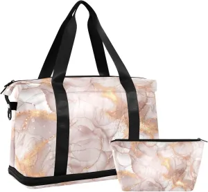 Weekender Bag Set Colored Gold Alcohol Ink Marble Sport Travel Duffel Bag Large Tote Bag with Shoe Compartment