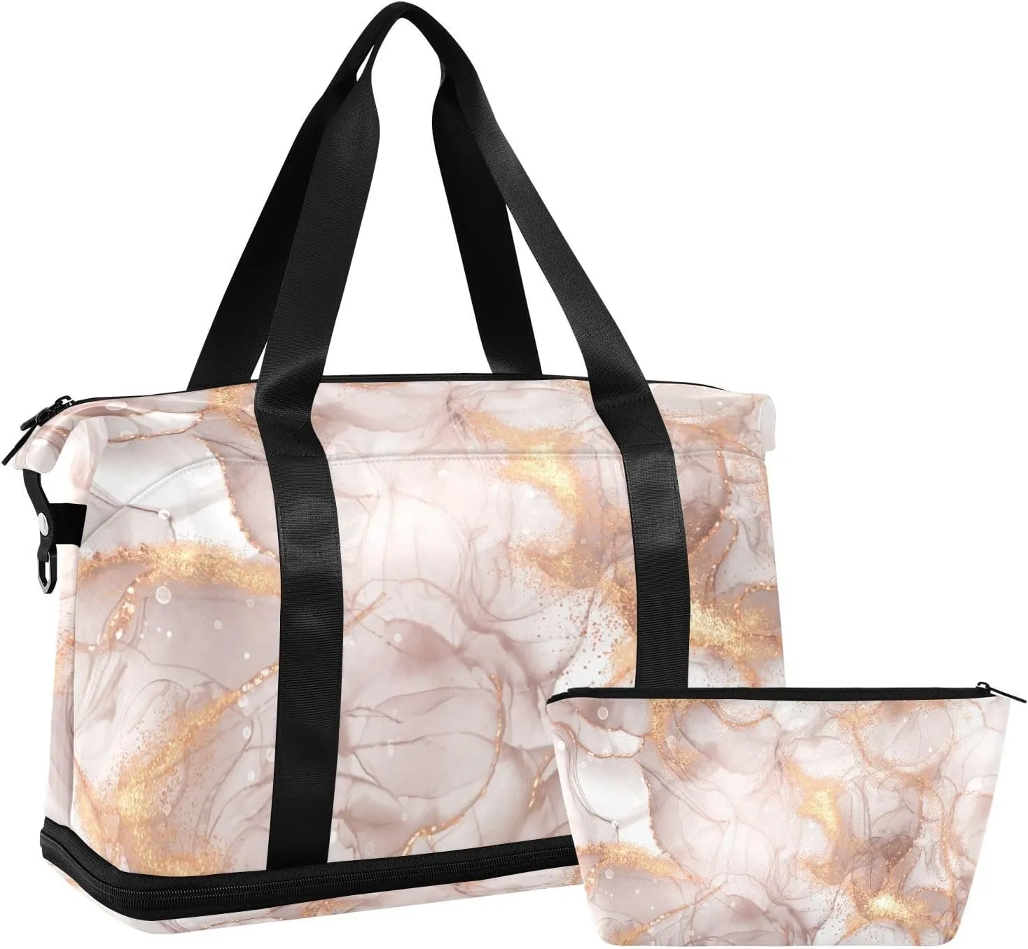 Weekender Bag Set Colored Gold Alcohol Ink Marble Sport Travel Duffel Bag Large Tote Bag with Shoe Compartment