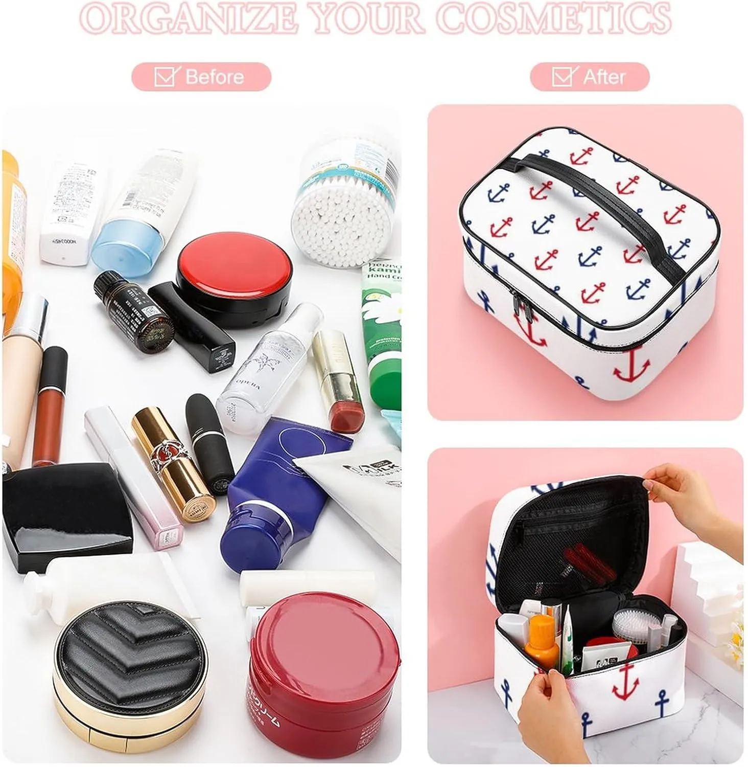 White Red Blue Nautical Anchor Pattern Cosmetic Bag, Travel Portable Makeup Bag for Purse Pouch Beauty Zipper Organizer Toiletry Bag for Women