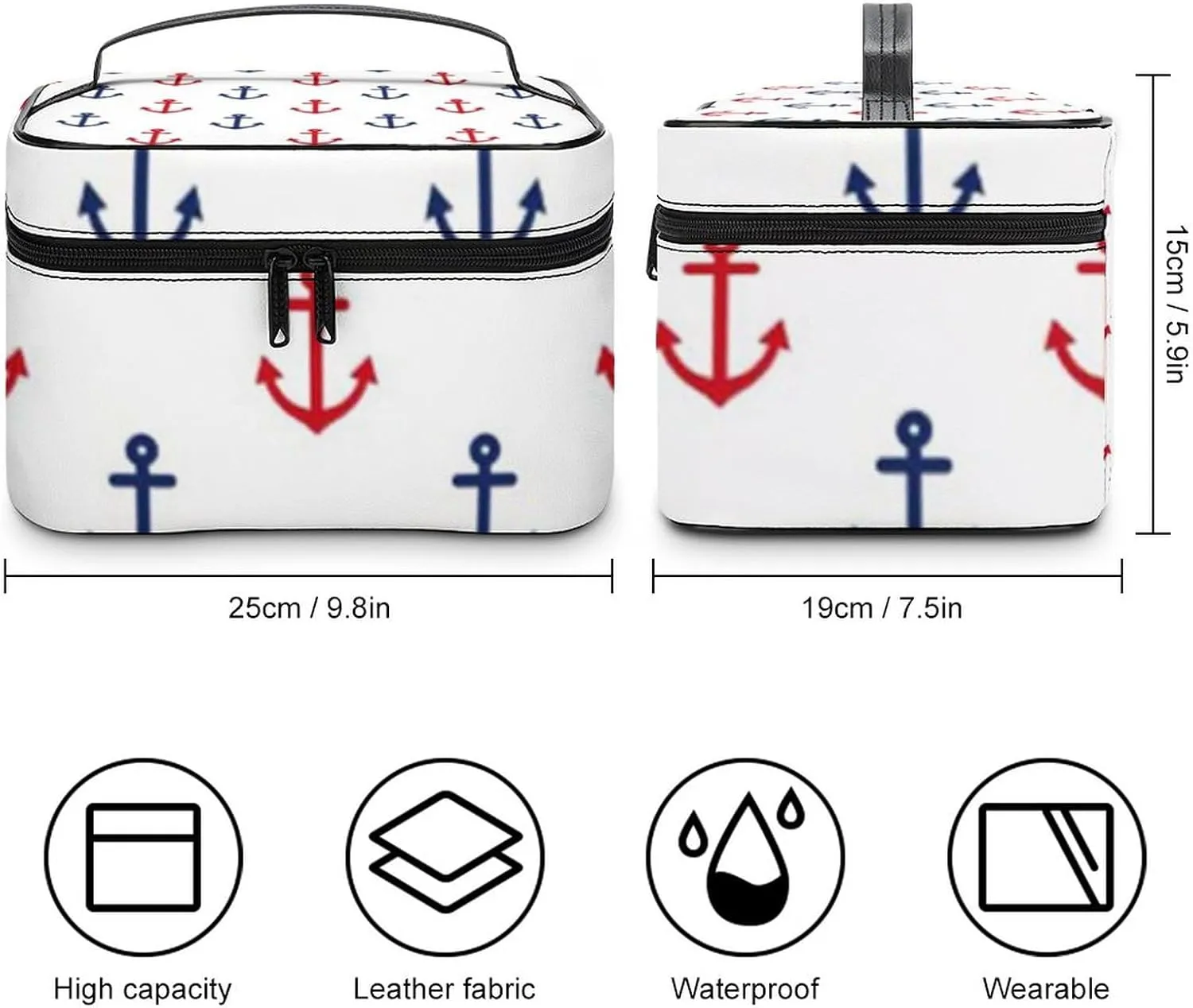 White Red Blue Nautical Anchor Pattern Cosmetic Bag, Travel Portable Makeup Bag for Purse Pouch Beauty Zipper Organizer Toiletry Bag for Women