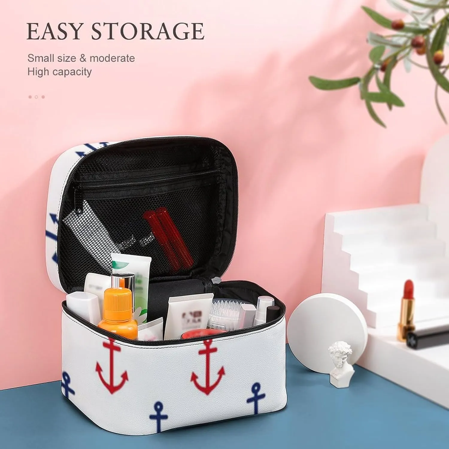 White Red Blue Nautical Anchor Pattern Cosmetic Bag, Travel Portable Makeup Bag for Purse Pouch Beauty Zipper Organizer Toiletry Bag for Women