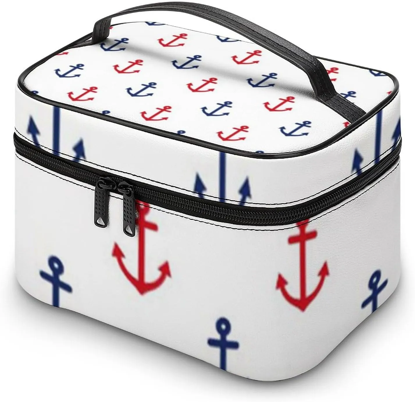 White Red Blue Nautical Anchor Pattern Cosmetic Bag, Travel Portable Makeup Bag for Purse Pouch Beauty Zipper Organizer Toiletry Bag for Women
