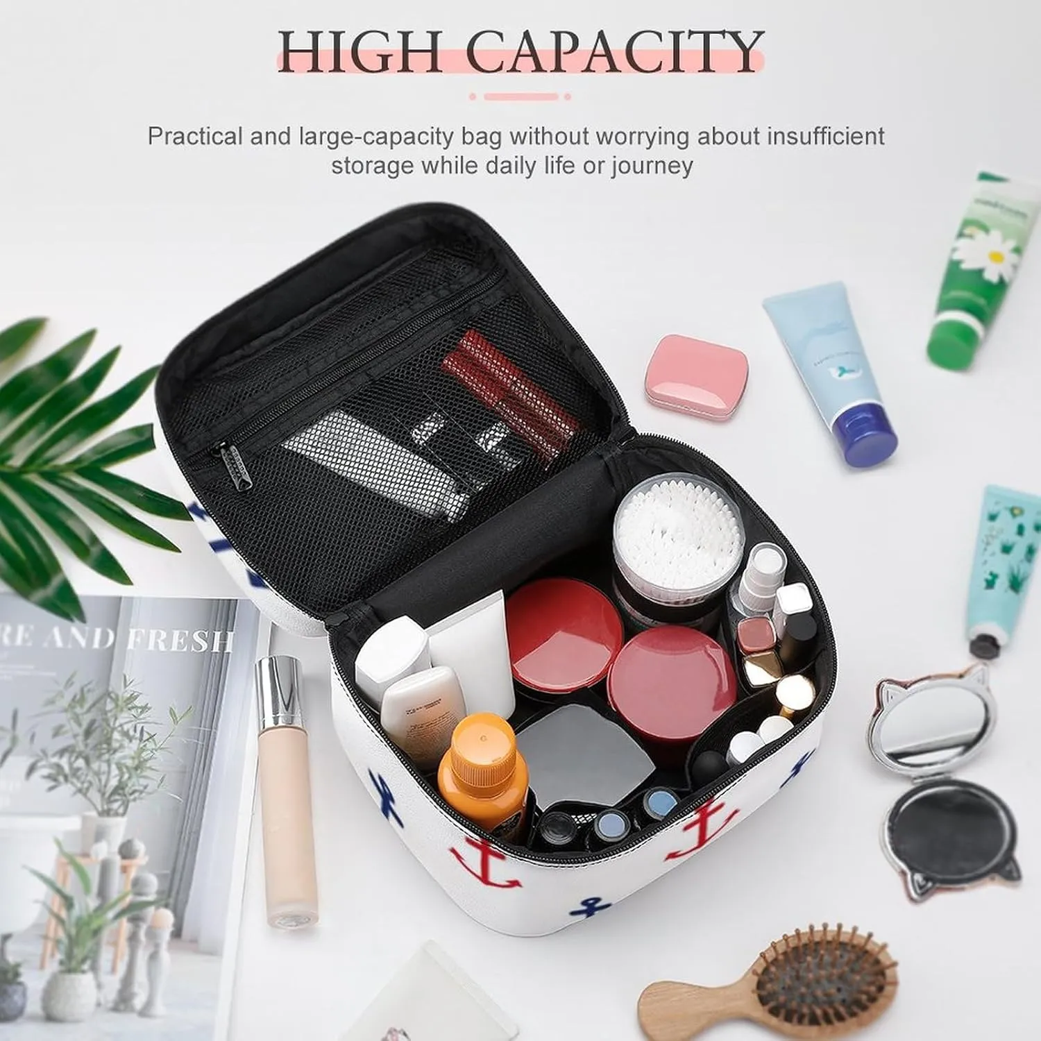 White Red Blue Nautical Anchor Pattern Cosmetic Bag, Travel Portable Makeup Bag for Purse Pouch Beauty Zipper Organizer Toiletry Bag for Women