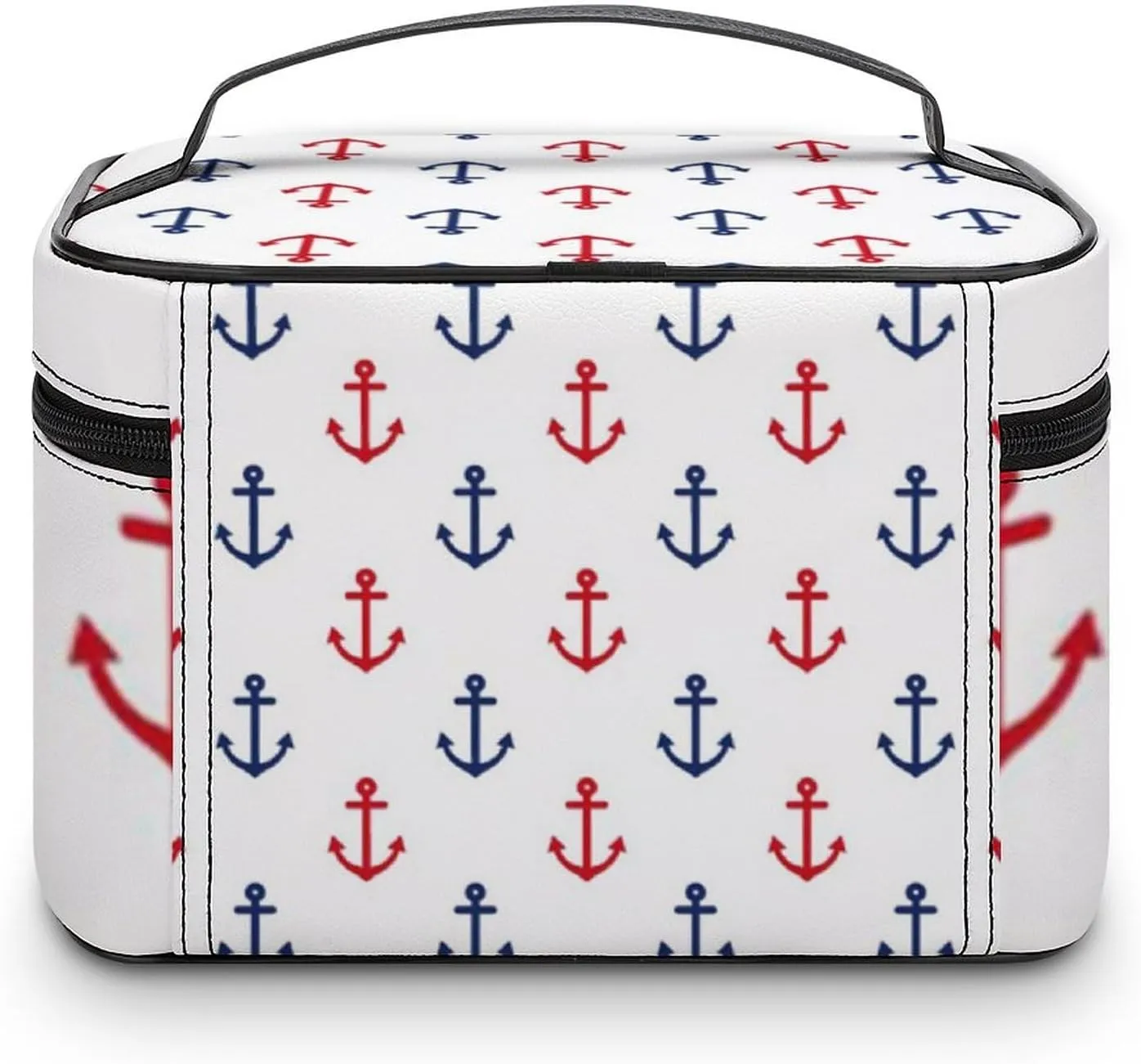 White Red Blue Nautical Anchor Pattern Cosmetic Bag, Travel Portable Makeup Bag for Purse Pouch Beauty Zipper Organizer Toiletry Bag for Women