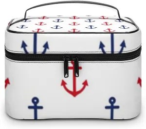 White Red Blue Nautical Anchor Pattern Cosmetic Bag, Travel Portable Makeup Bag for Purse Pouch Beauty Zipper Organizer Toiletry Bag for Women