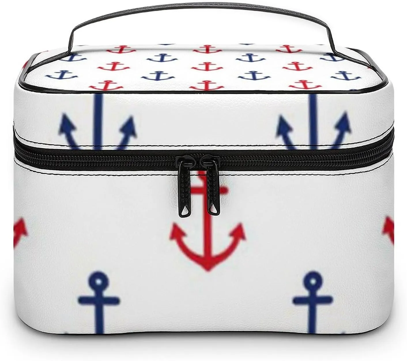 White Red Blue Nautical Anchor Pattern Cosmetic Bag, Travel Portable Makeup Bag for Purse Pouch Beauty Zipper Organizer Toiletry Bag for Women