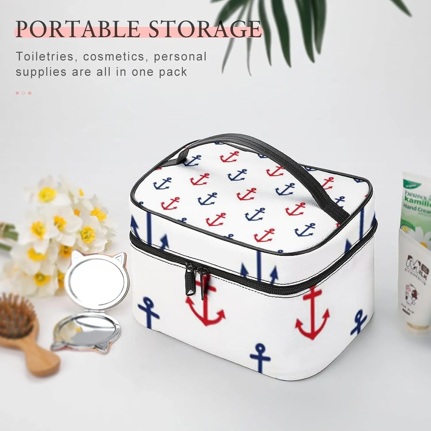White Red Blue Nautical Anchor Pattern Cosmetic Bag, Travel Portable Makeup Bag for Purse Pouch Beauty Zipper Organizer Toiletry Bag for Women