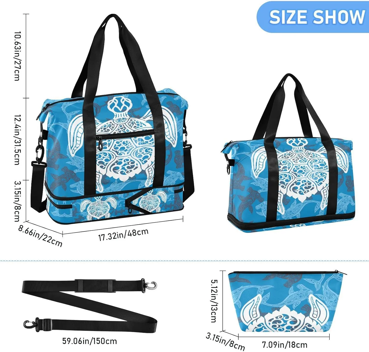 White Sea Turtle on Seamless Fishes Background Gym Duffel Bag, Polyester Travel Weekender Luggage Handbag with Waterproof Pocket for Wet Items, Unisex Foldable Tote for Sports