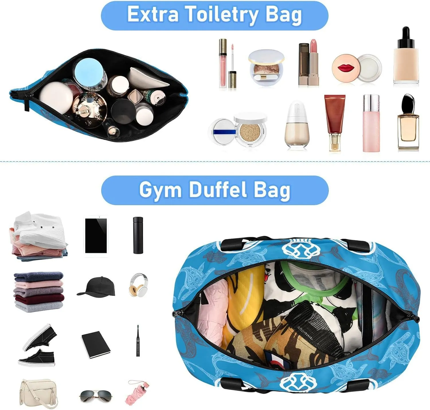 White Sea Turtle on Seamless Fishes Background Gym Duffel Bag, Polyester Travel Weekender Luggage Handbag with Waterproof Pocket for Wet Items, Unisex Foldable Tote for Sports
