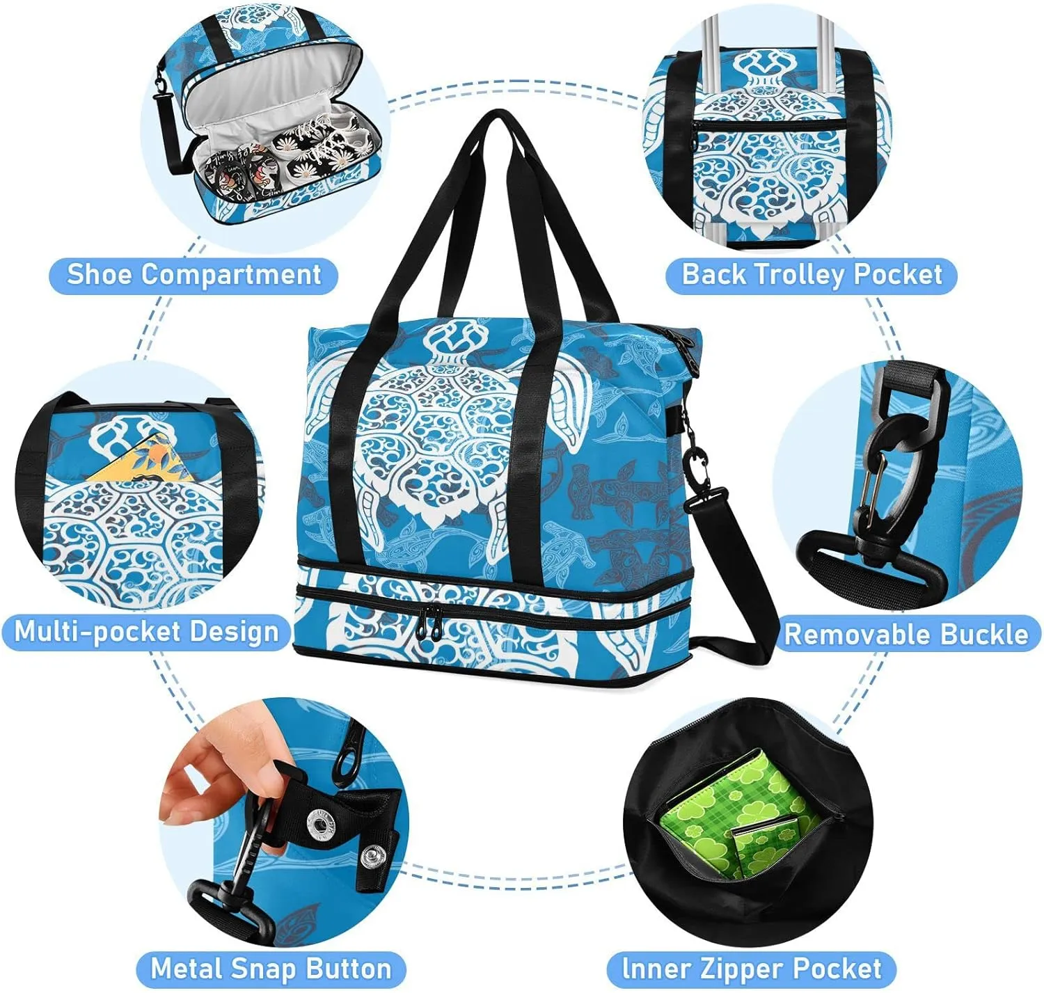 White Sea Turtle on Seamless Fishes Background Gym Duffel Bag, Polyester Travel Weekender Luggage Handbag with Waterproof Pocket for Wet Items, Unisex Foldable Tote for Sports