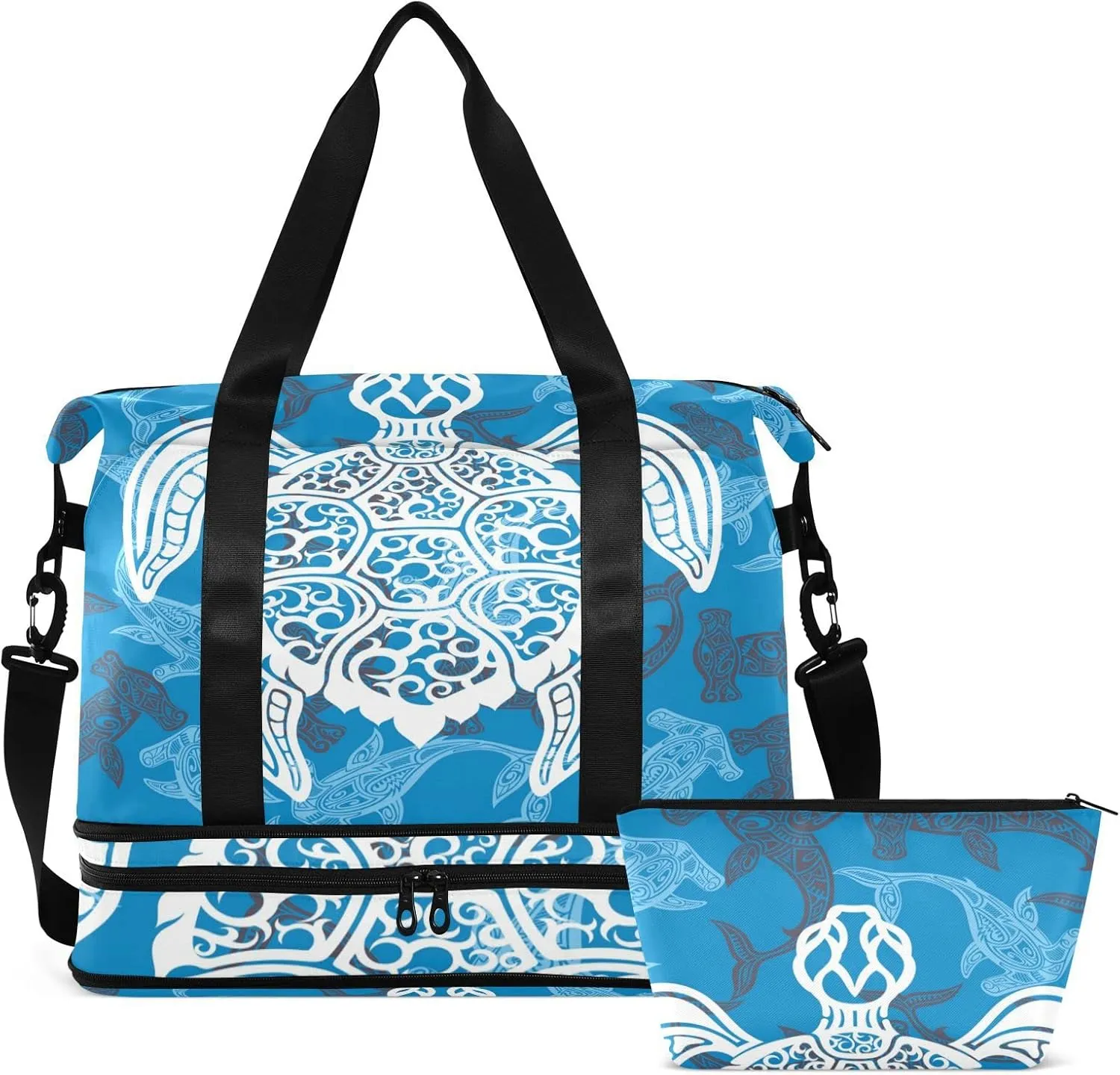 White Sea Turtle on Seamless Fishes Background Gym Duffel Bag, Polyester Travel Weekender Luggage Handbag with Waterproof Pocket for Wet Items, Unisex Foldable Tote for Sports