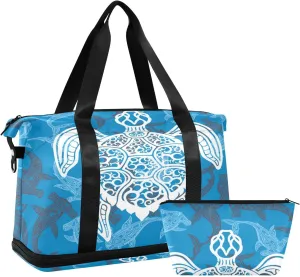 White Sea Turtle on Seamless Fishes Background Gym Duffel Bag, Polyester Travel Weekender Luggage Handbag with Waterproof Pocket for Wet Items, Unisex Foldable Tote for Sports