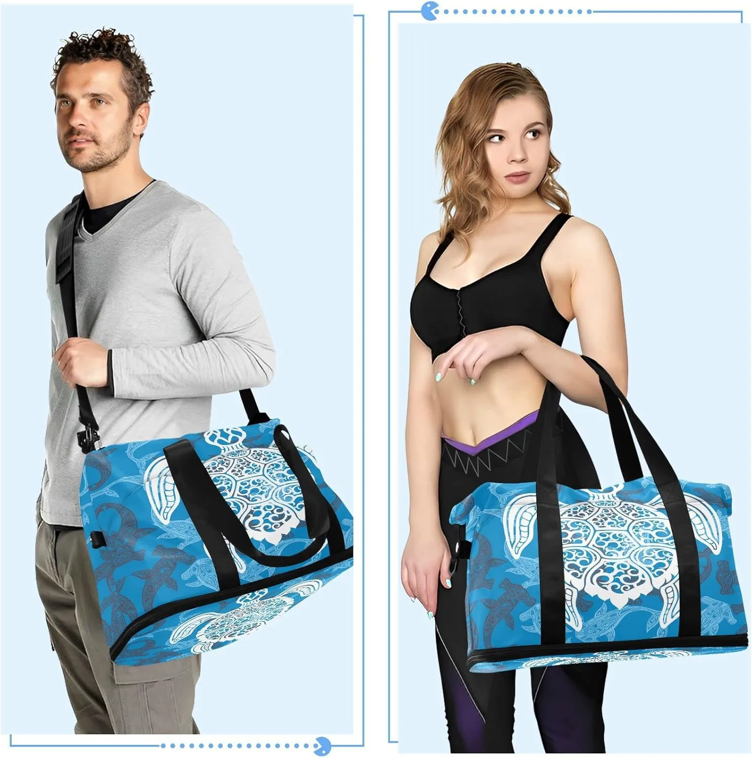 White Sea Turtle on Seamless Fishes Background Gym Duffel Bag, Polyester Travel Weekender Luggage Handbag with Waterproof Pocket for Wet Items, Unisex Foldable Tote for Sports
