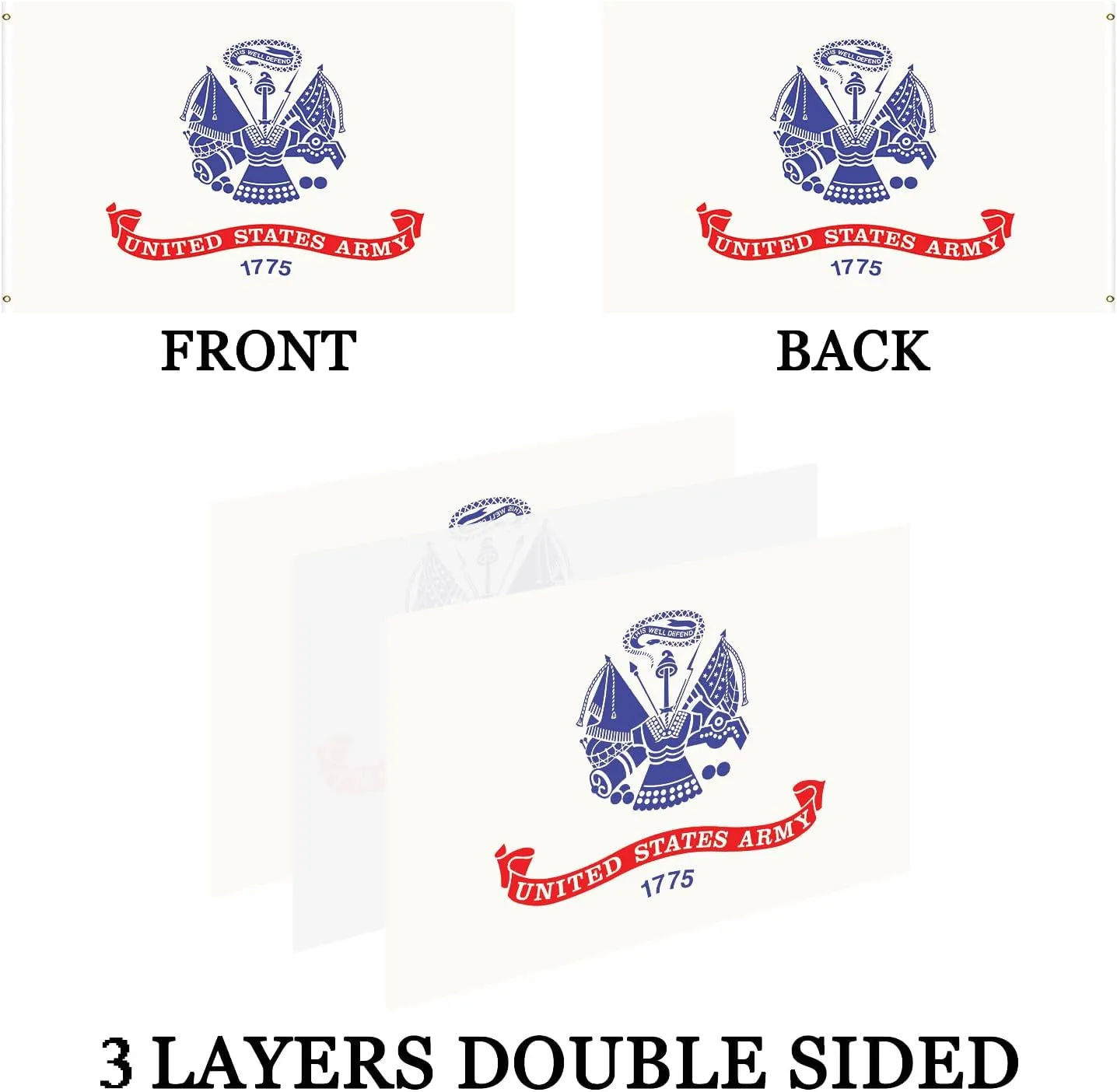 White US Army 3x5 Outdoor Double Sided Flag - 3Ply 240D 4 Rows Stitched - Military USA 1775 Army UV Fade Resistant With Canvas Header & 2 Brass Grommets