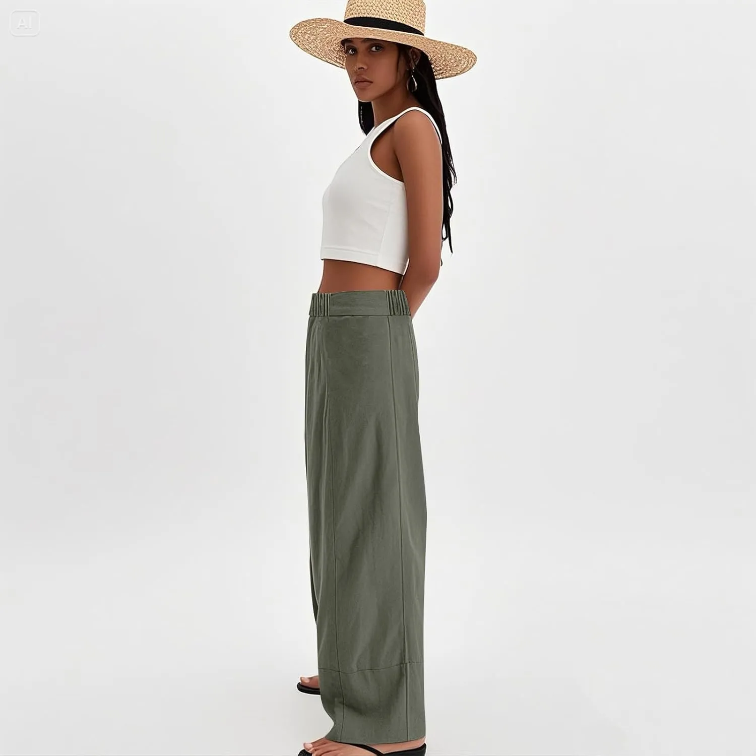 Wide Leg Linen Pants for Women Baggy Elastic High Waist Palazzo Pants Casual Summer Flowy Beach Trousers with Pockets
