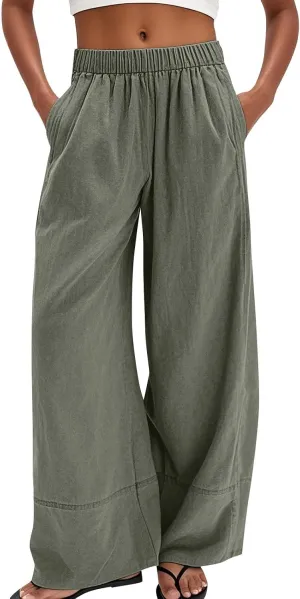 Wide Leg Linen Pants for Women Baggy Elastic High Waist Palazzo Pants Casual Summer Flowy Beach Trousers with Pockets