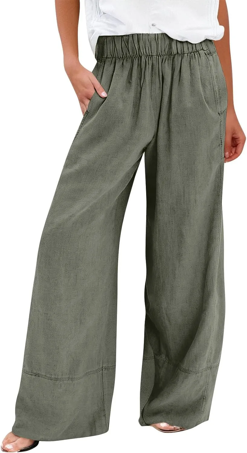 Wide Leg Linen Pants for Women Baggy Elastic High Waist Palazzo Pants Casual Summer Flowy Beach Trousers with Pockets