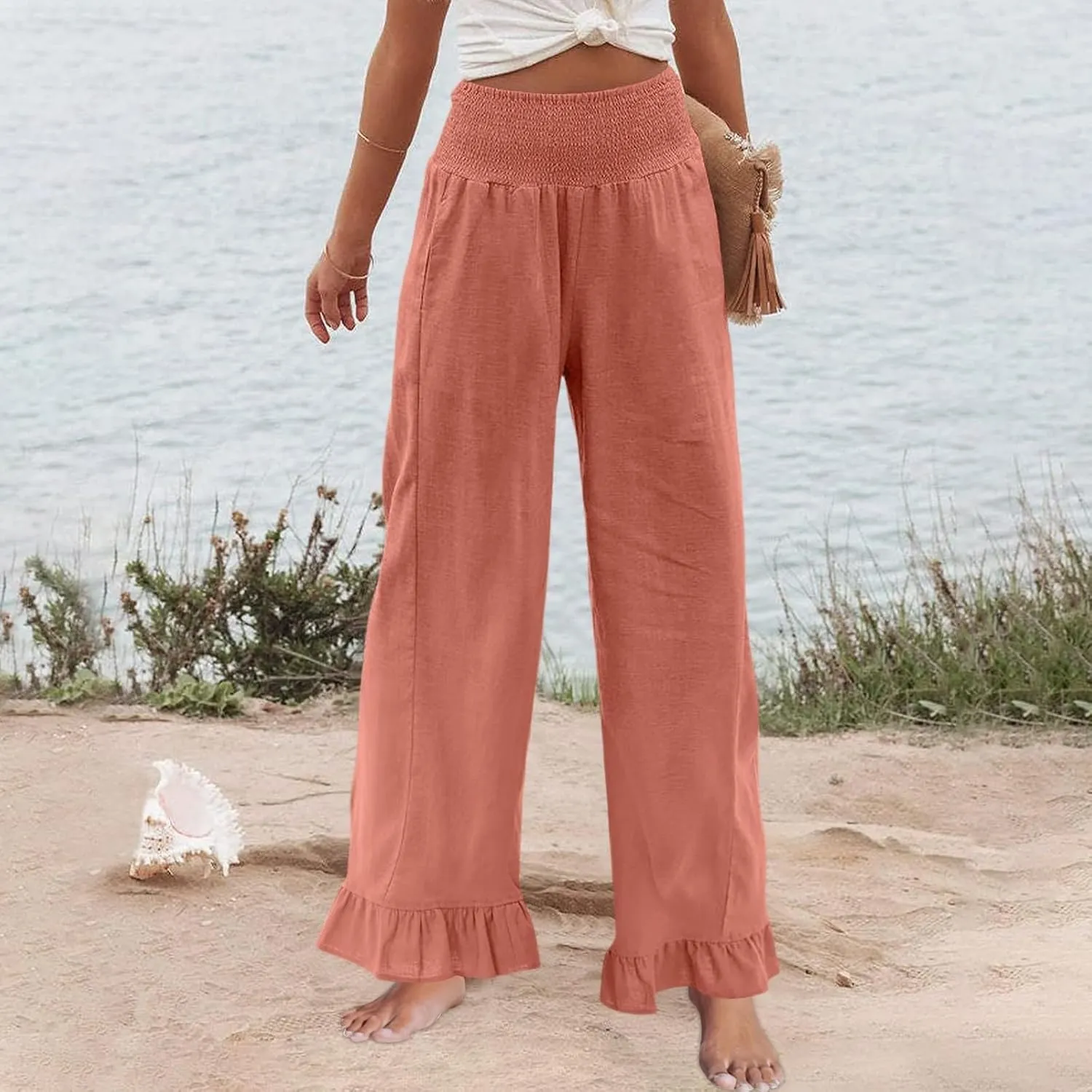 Wide Leg Linen Pants for Women Smocked High Waisted Ruffle Palazzo Pants with Pockets Cropped Flowy Boho Beach Pant