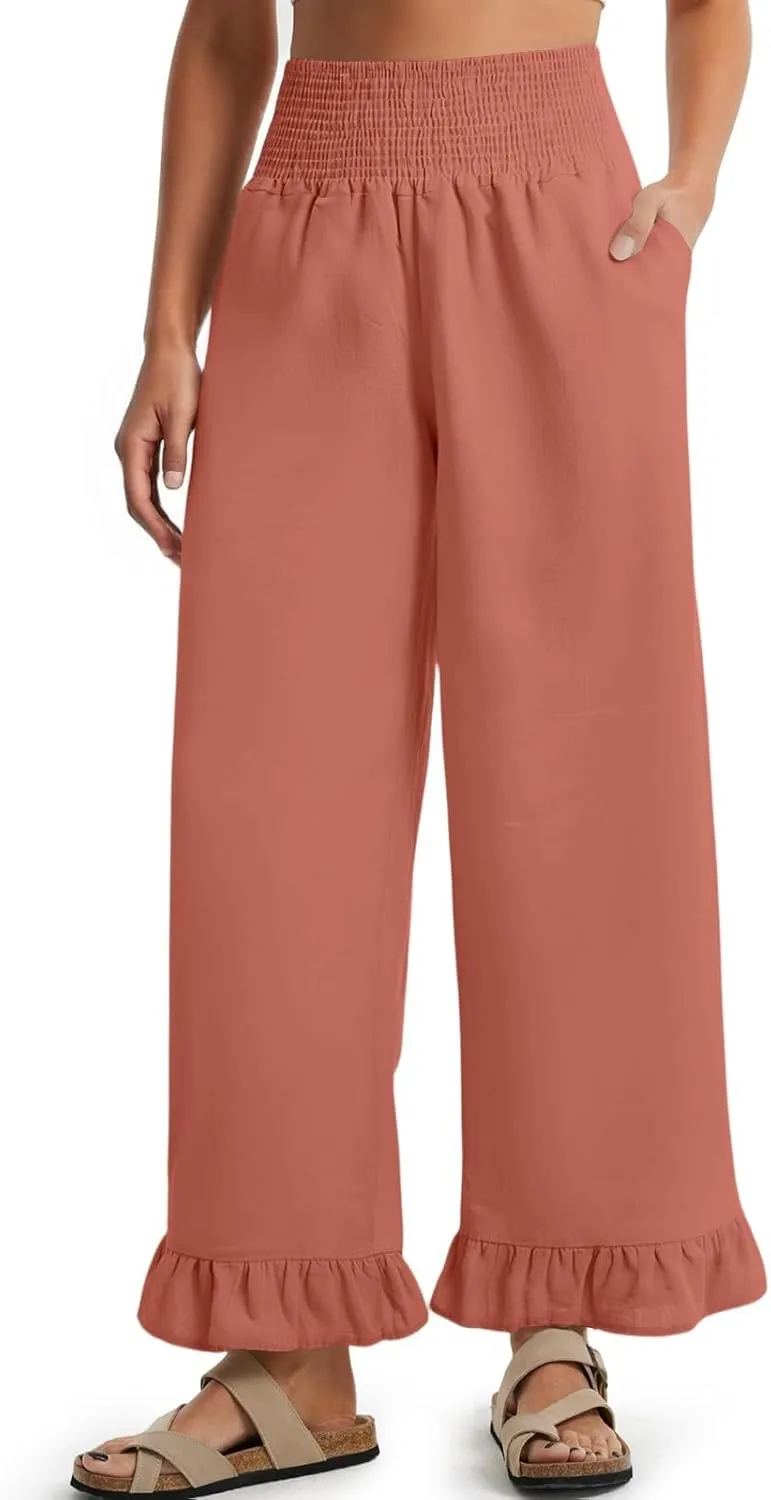 Wide Leg Linen Pants for Women Smocked High Waisted Ruffle Palazzo Pants with Pockets Cropped Flowy Boho Beach Pant