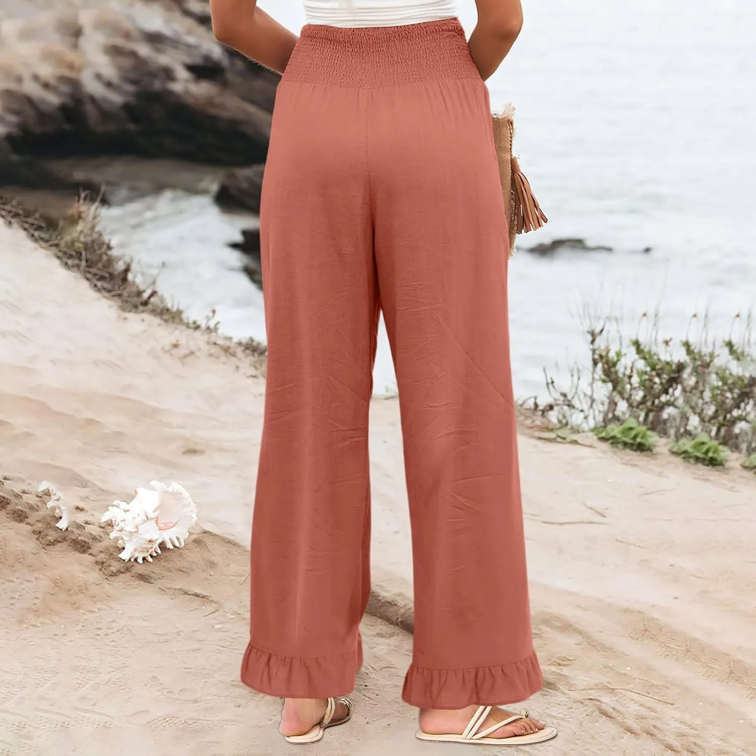 Wide Leg Linen Pants for Women Smocked High Waisted Ruffle Palazzo Pants with Pockets Cropped Flowy Boho Beach Pant