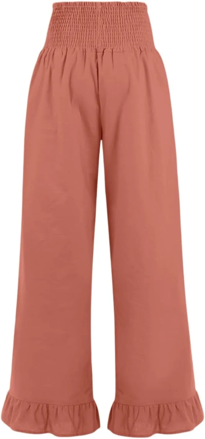 Wide Leg Linen Pants for Women Smocked High Waisted Ruffle Palazzo Pants with Pockets Cropped Flowy Boho Beach Pant